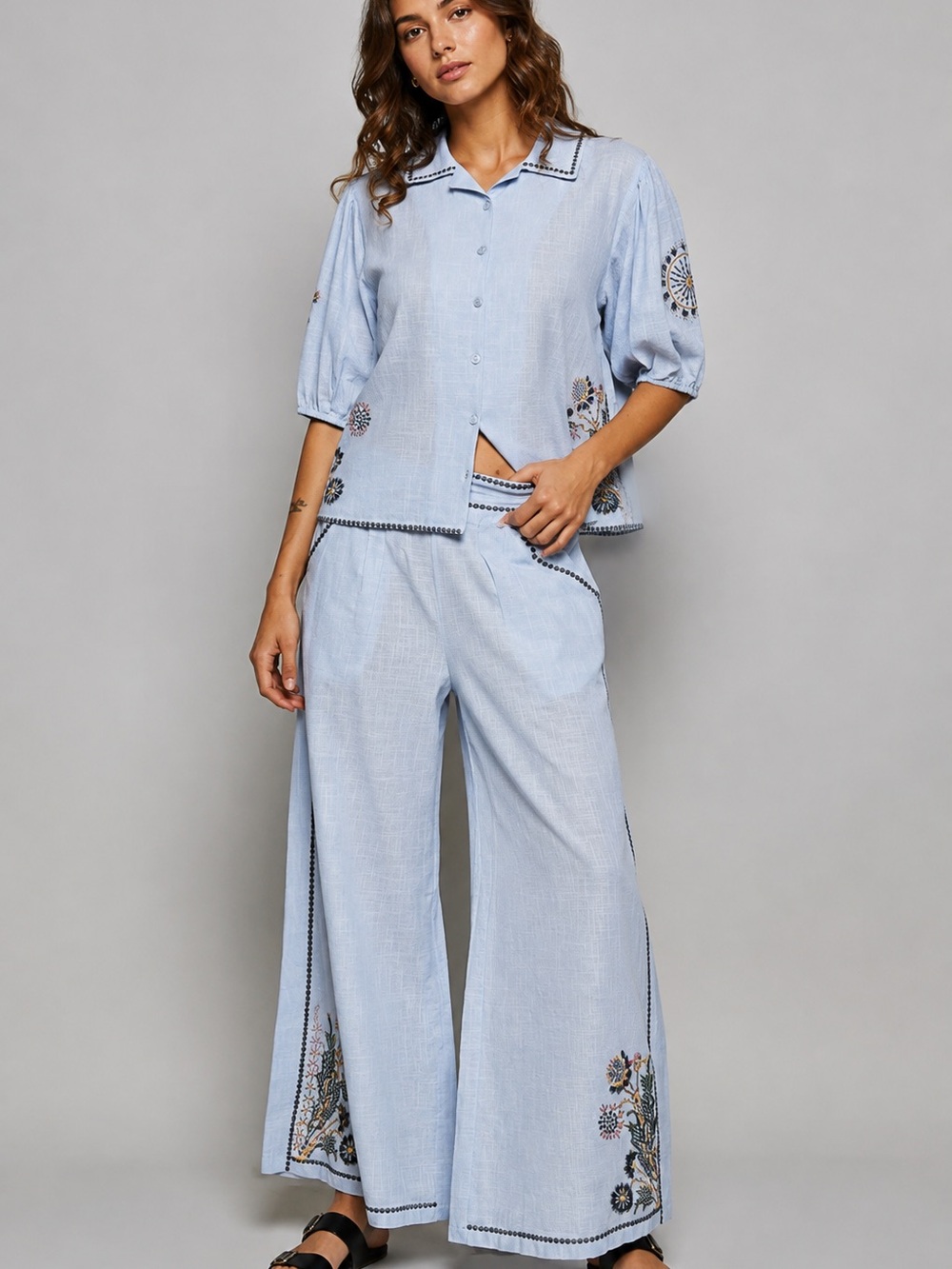 New POL blouse and pant set embroidered S M L